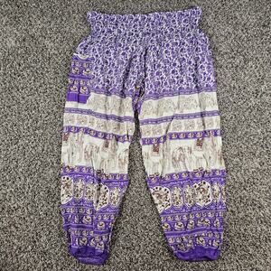Indian Bohemian White Elephant Print Cotton Harem PantsPurple White Sz 3XL